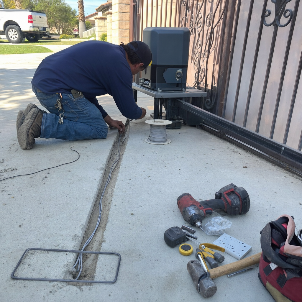 Technician installing gate access control wiring for automatic gate in Palmdale, CA