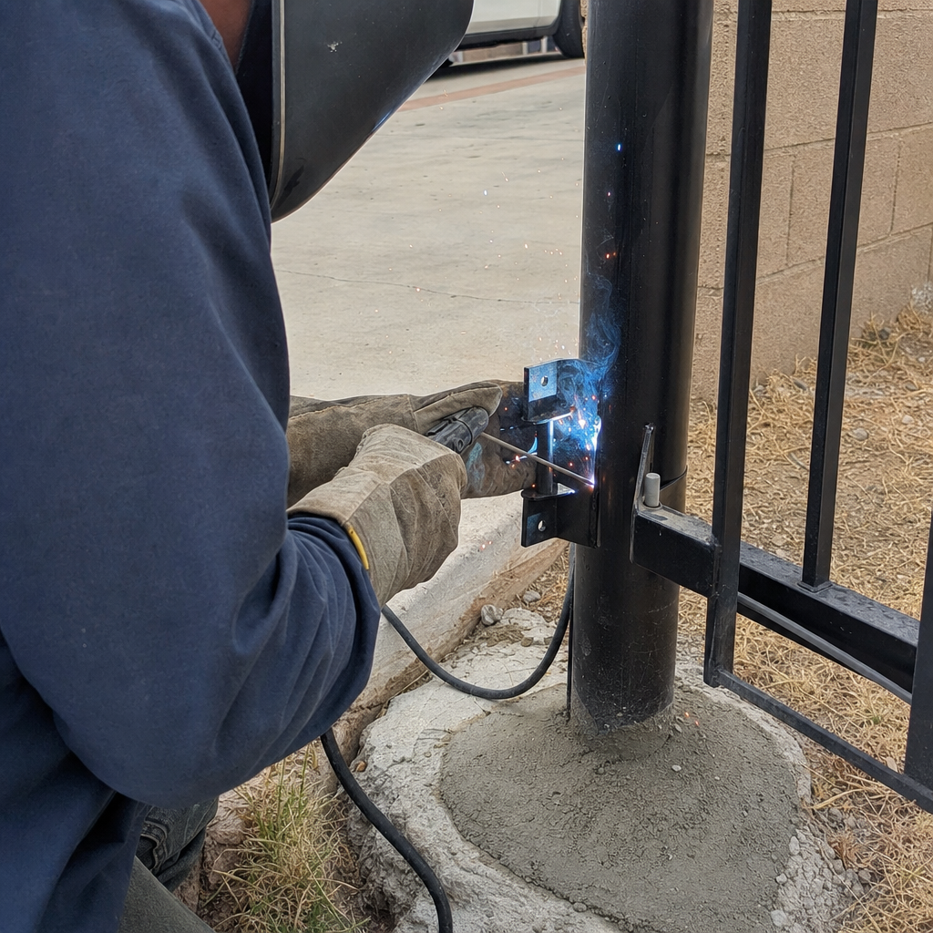Professional gate installation with a welder attaching a bracket to a metal post.
