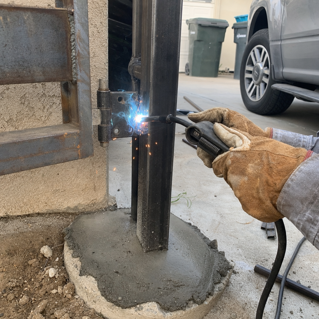 Gate installation with a welder attaching a hinge to a metal post in Palmdale, CA