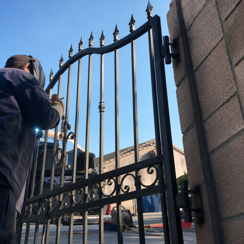 Welder installing decorative iron gate