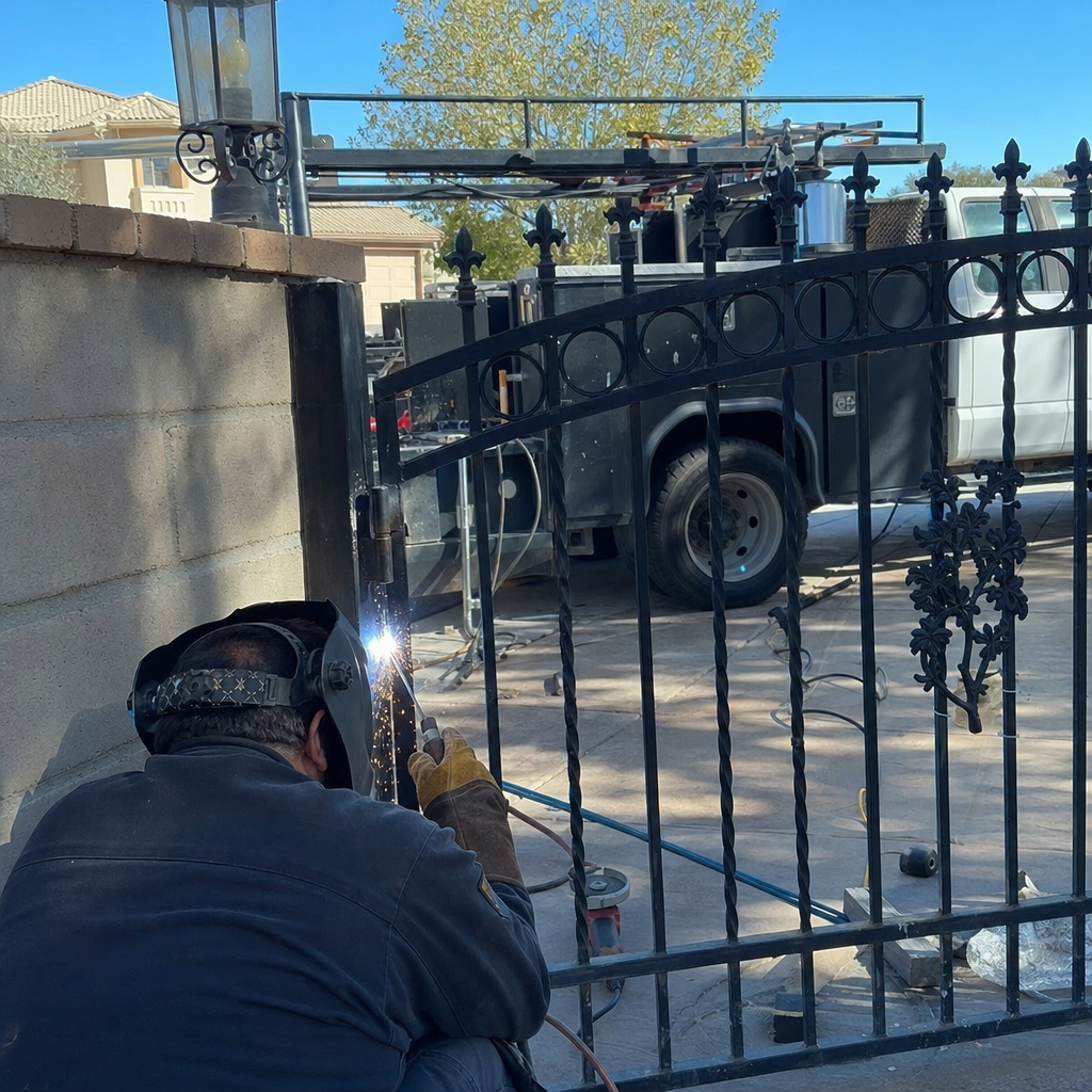 Welder repairing black metal gate with sparks flying