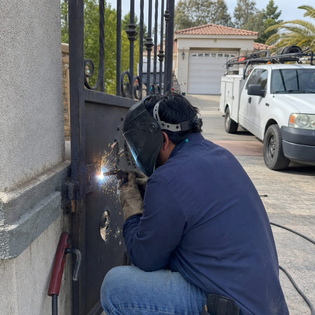 Professional welder repairing a metal gate in Palmdale, CA