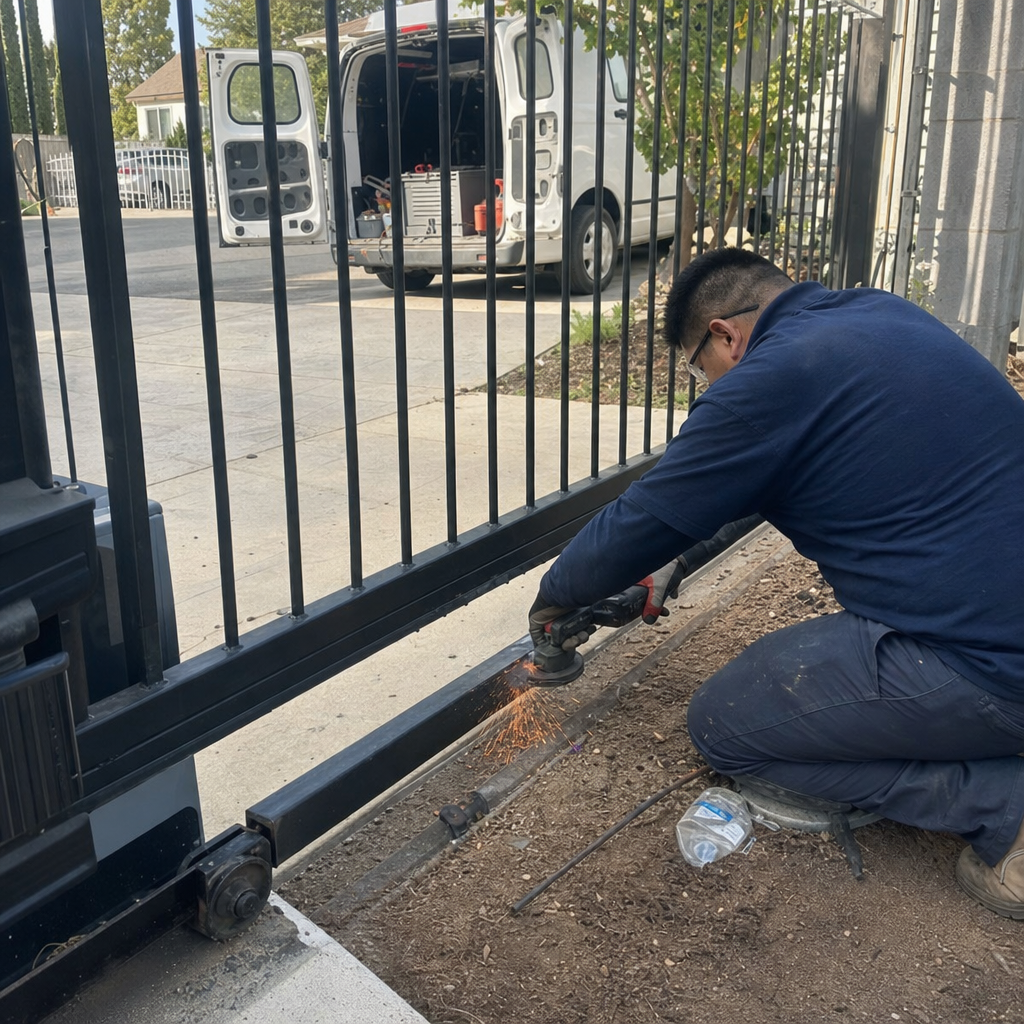 Gate repair worker grinds metal gate, sparks flying